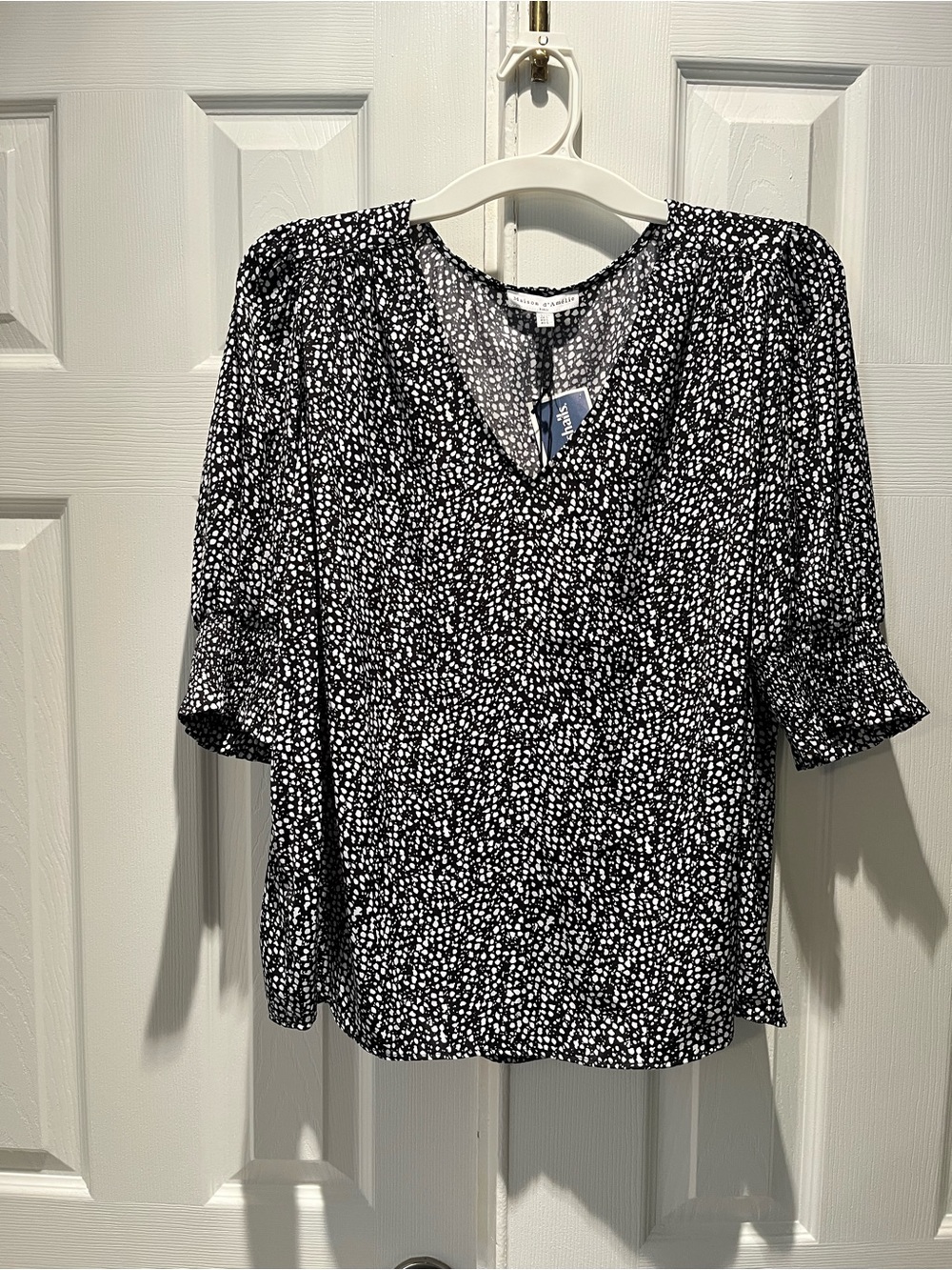 Ann Taylor Black and White Abstract Dot V-Neck Blouse